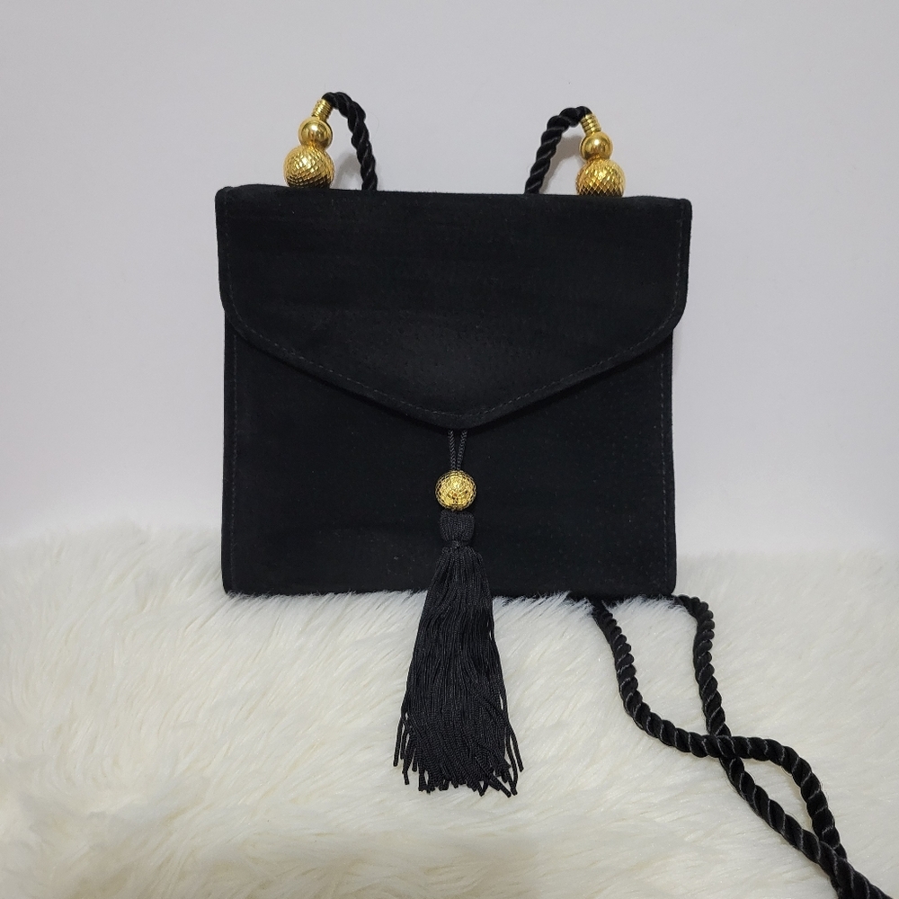Mary Kay Cosmetics Small Black Suede Evening Bag Gold-colored Accents Tassel